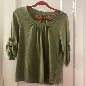 Sonoma Life Styles Olive Green Gathered Neck 3/4 Sleeve Top Petite Large Blouse